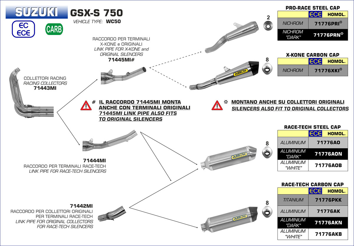 Suzuki GSX-S750 2017-2018 ARROW Stainless steel collectors and mid