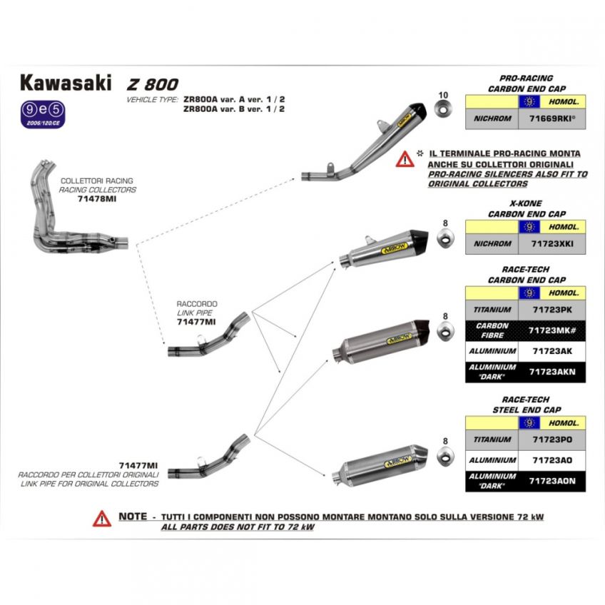 Kawasaki Z800 | Z800E 2013-2016 ARROW Road approved aluminium silencer with baffle 