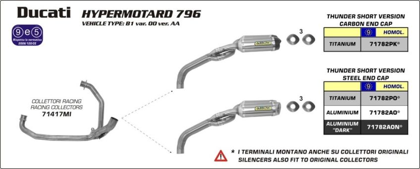 Ducati Hypermotard 796 10-11 ARROW Full system with road approved aluminium short silencers 
