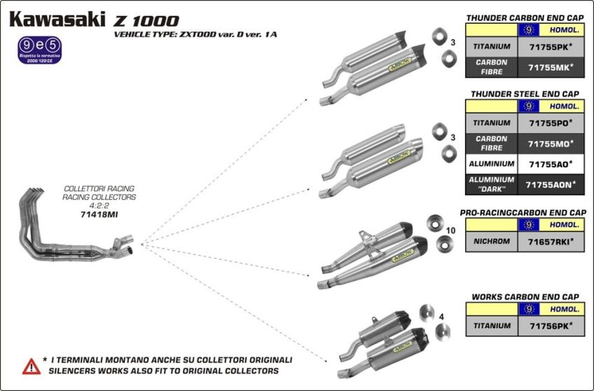 Kawasaki Z1000 10-13 ARROW 4 into 2 system with aluminium road approved silencers 