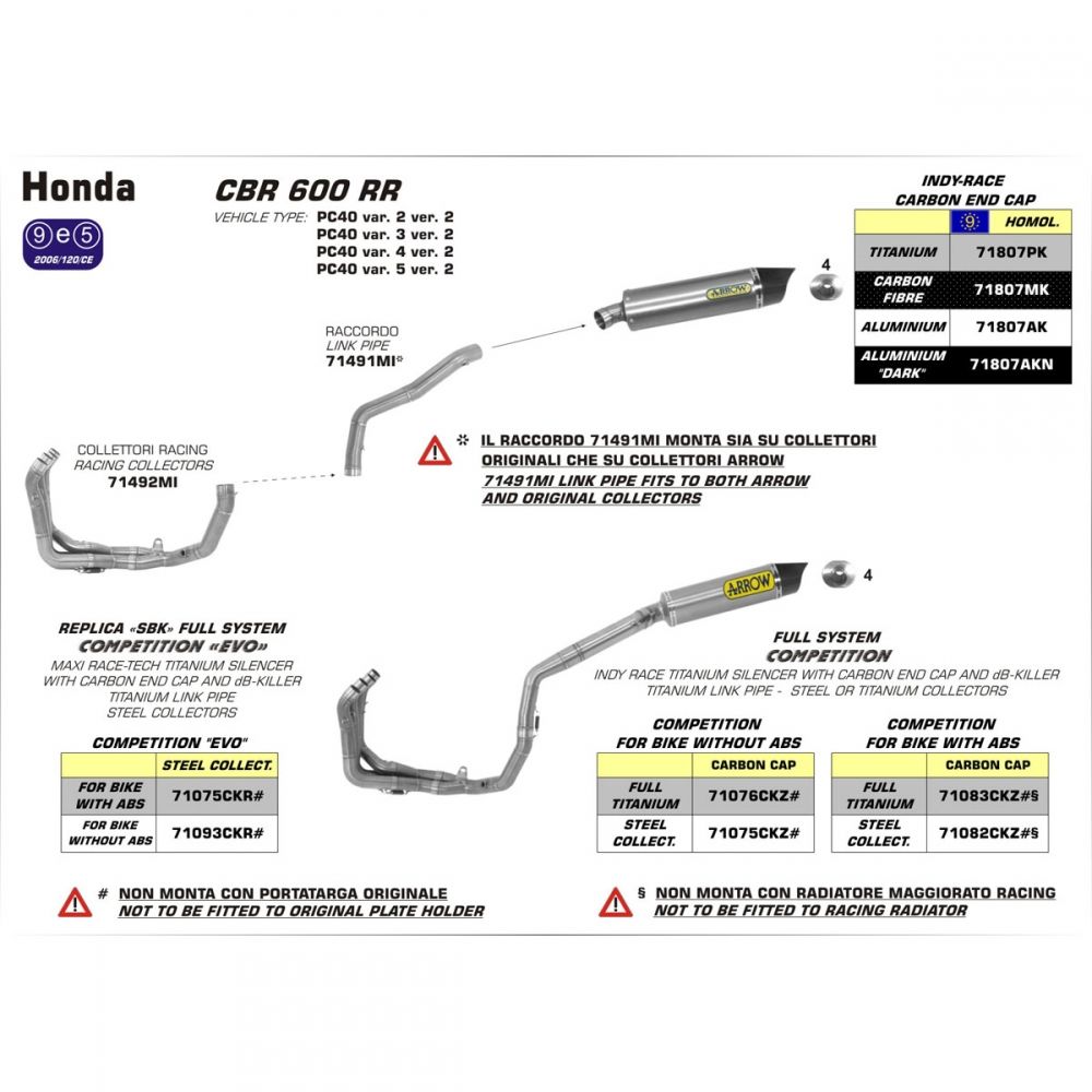 Honda CBR600RR 2013-2016 Full ARROW Exhaust system with road approved aluminium / carbon silencer 