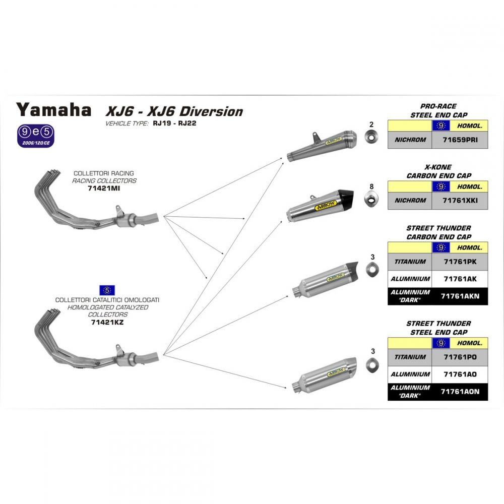 Yamaha XJ6 / XJ6 Diversion 2009-2015 Full ARROW Exhaust system aluminium/carbon silencer (inc cat) 