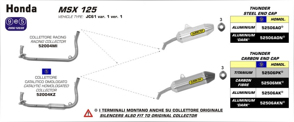 Honda MSX125 2013 - 2015 ARROW Road approved Dark Line aluminium silencer 