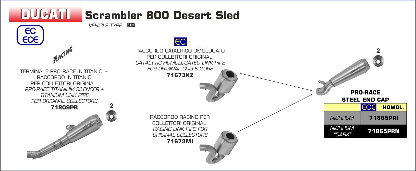 Ducati Scrambler 800 Desert Sled 2017-2020 ARROW Steel Cone Silencer INC CAT
